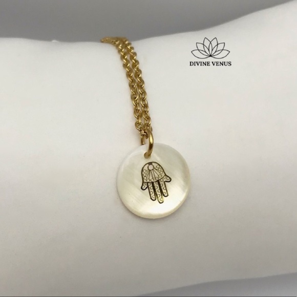 Freshwater Shell Hamsa Necklace | Stainless Steel - Picture 7 of 10